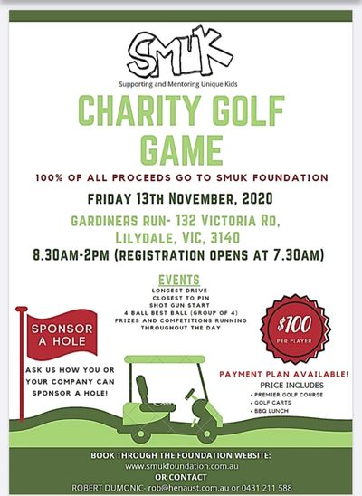 
Upcoming SMUK Charity Golf Game .
Payment plans - select Pay at Venue 
See Rob - 0431 211 588


