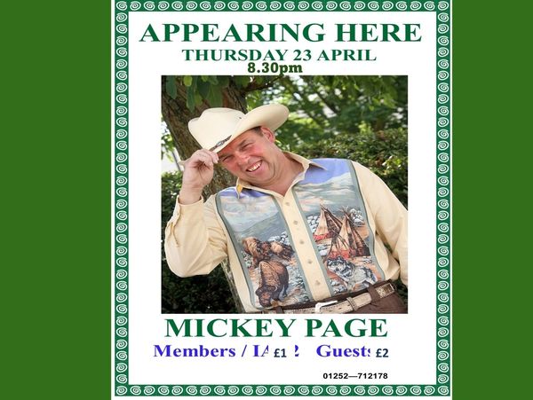 Poster announcing Mickey Page's appearance on Thursday 23 April at 8:30 pm.