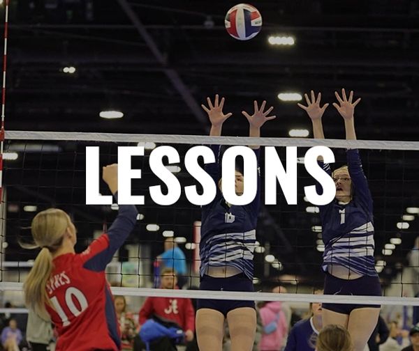 Volleyball players in action with the word LESSONS.