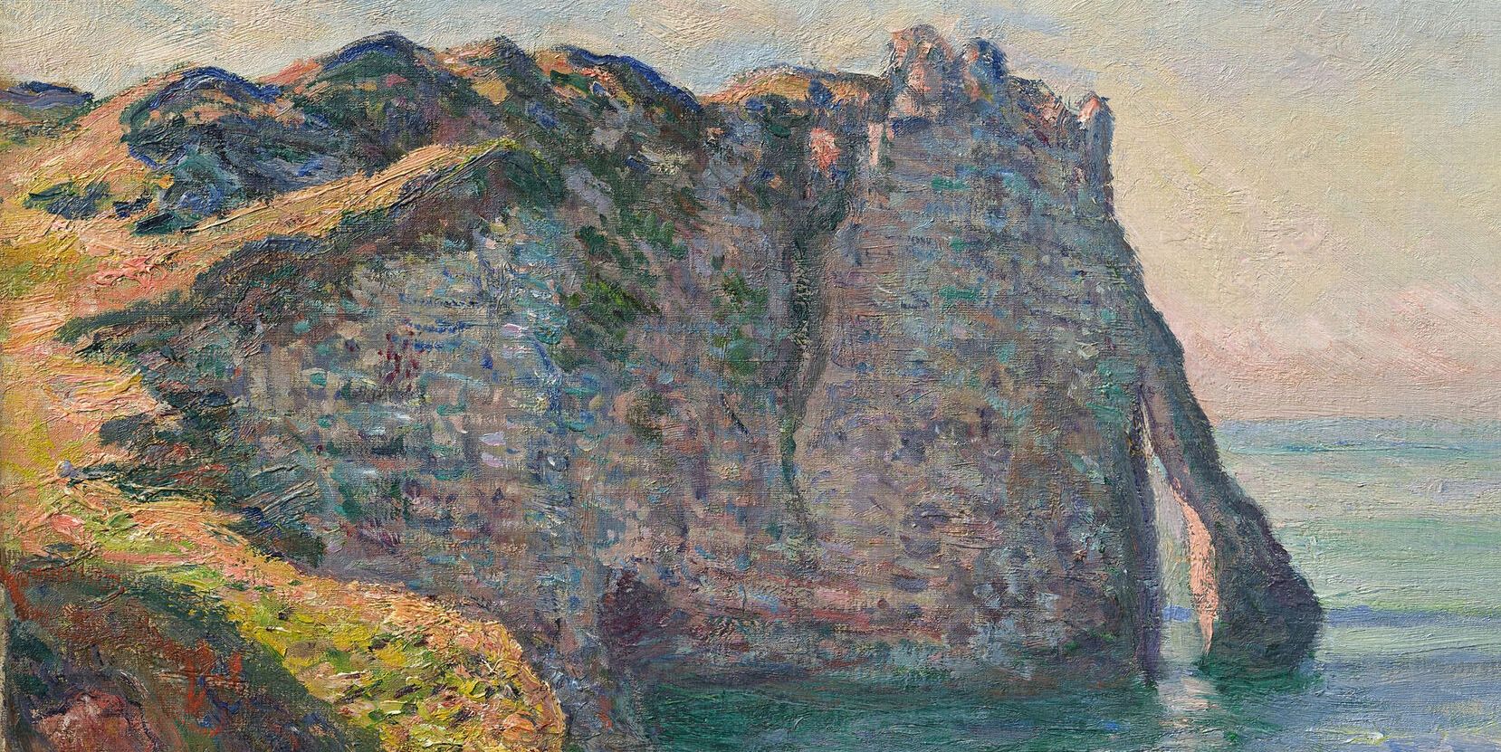 Impressionist painting of a rocky cliff by the sea with textured brushstrokes.