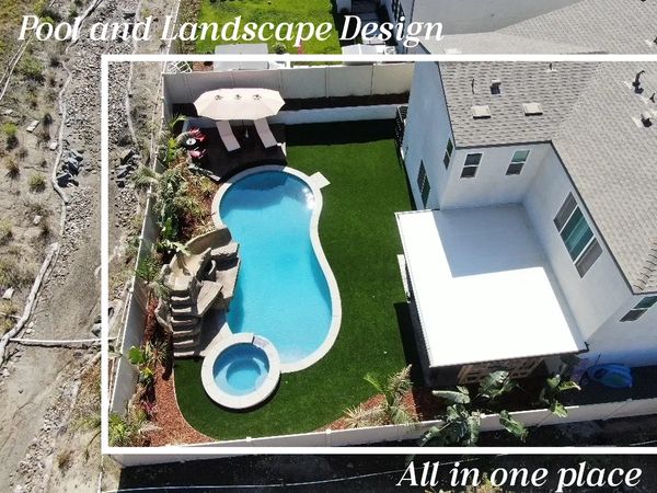 Landscaping Pool design including Rock water slide Artificial Turf Concrete patio Retaining wall 