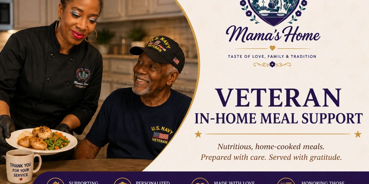 Chef serving nutritious home-cooked meal to a smiling Navy veteran.