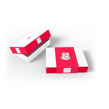 Two rectangular white and red pastry boxes with labels and logos.