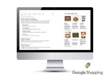 Google Shopping results for organic fruits and vegetables on a computer screen.