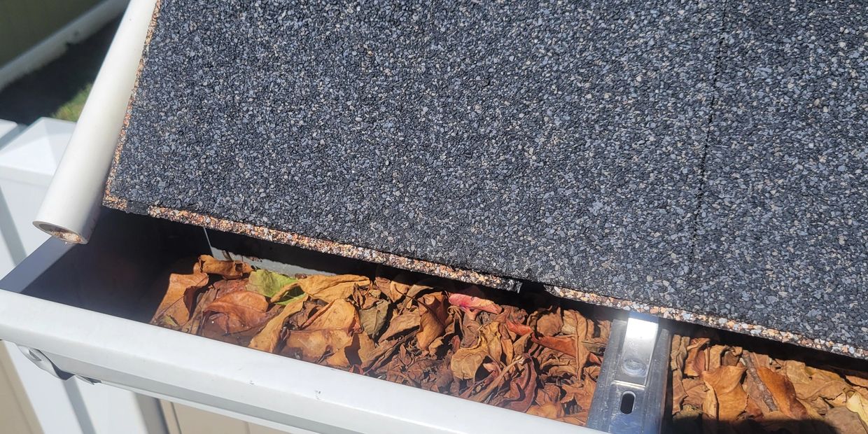 Gutter filled with dry leaves under a shingled roof.
