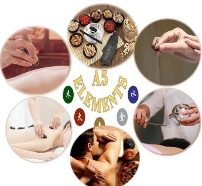 A5 Elements massage and wellness therapy collage.