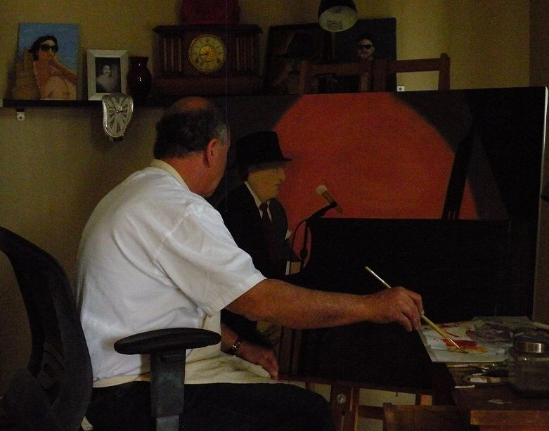 Man painting a scene with a pianist and microphone in a dimly lit room.