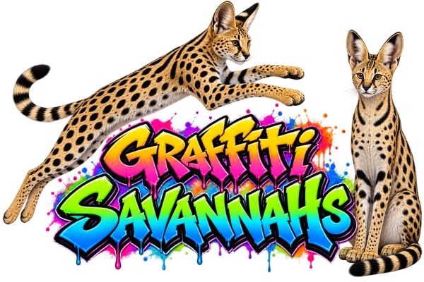 Colorful graffiti with two servals, one leaping and one sitting.