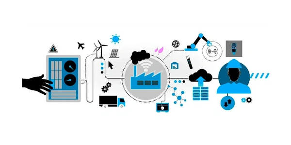 Industry 4.0 banner with connected devices and systems.