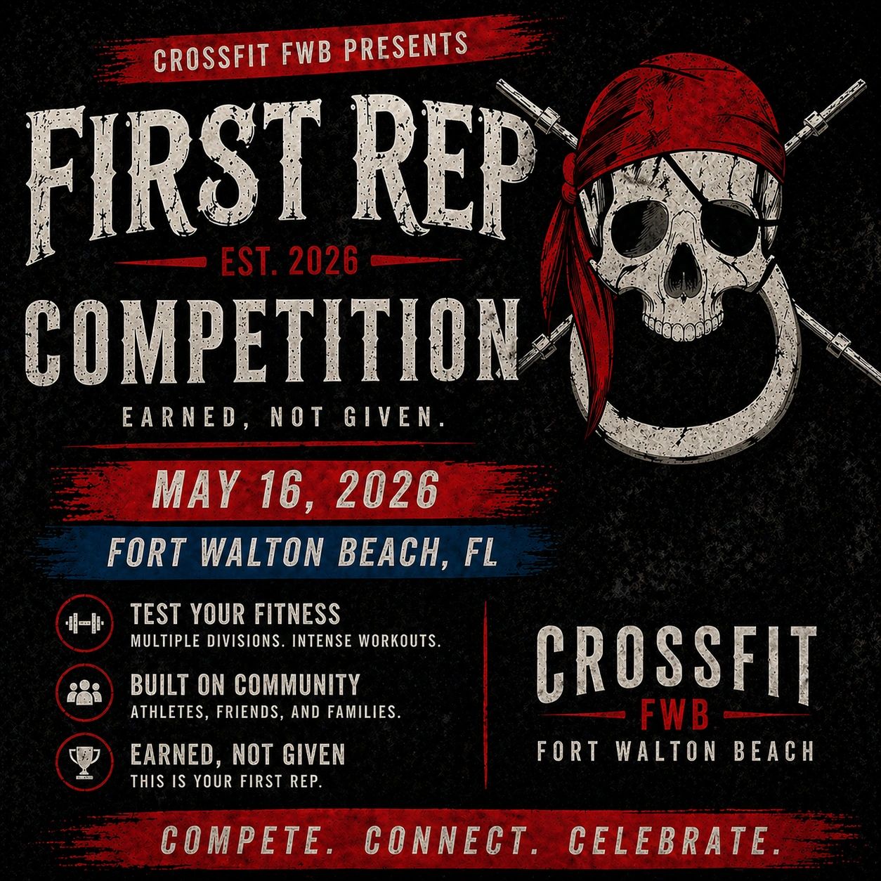 CrossFit FWB First Rep Competition poster with skull and kettlebell design.