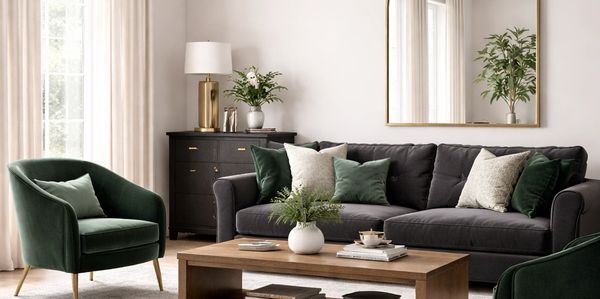 Elegant living room with dark gray sofa and green armchairs.