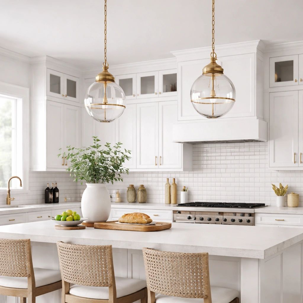 Bright white kitchen with woven chairs and gold accents.