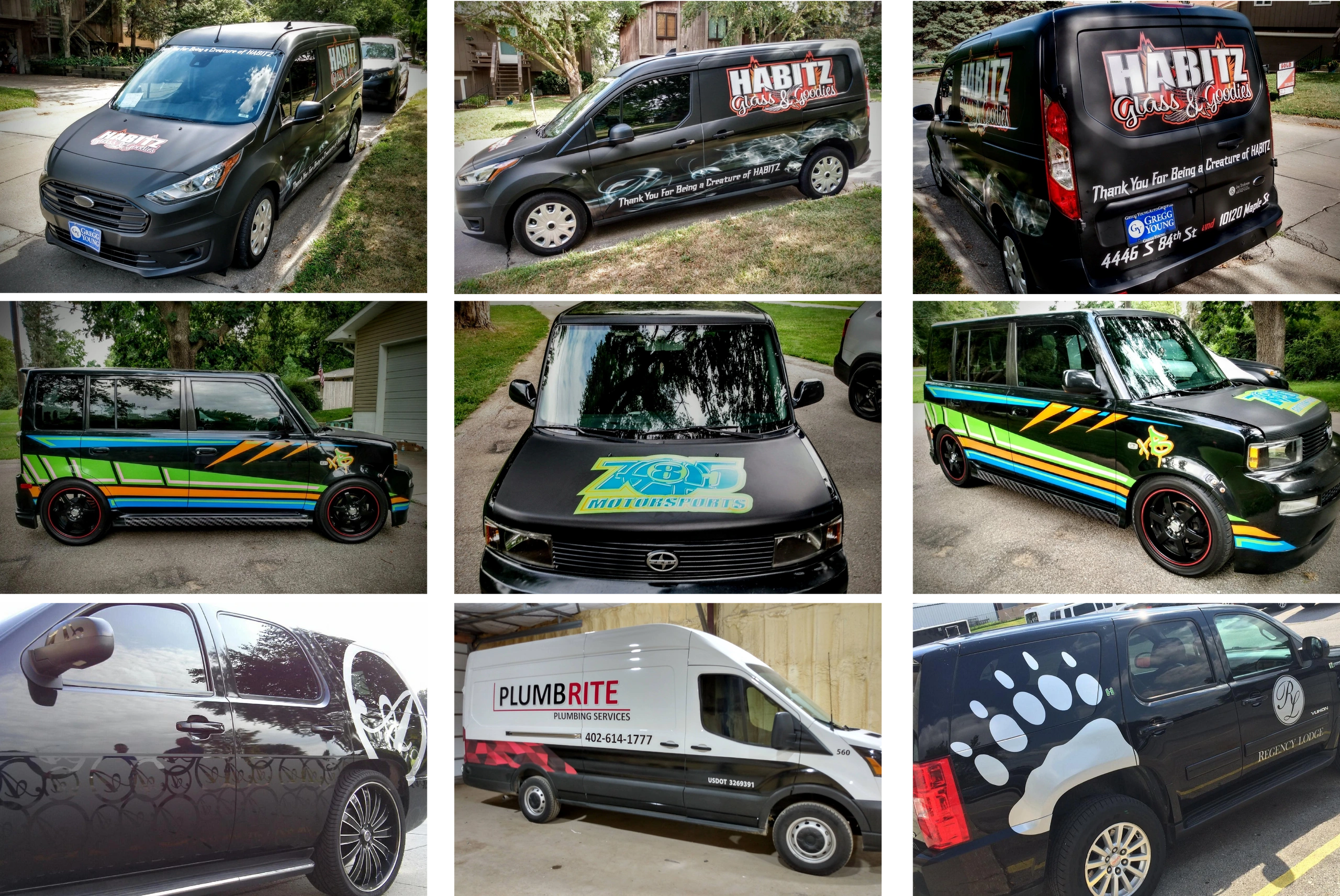 Habitz Glass and Goodies Van, 785 Motorsports Scion XB Graphics and Vinyl Wraps along with Plumbrite