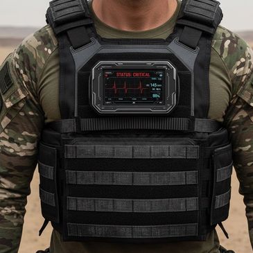 High-tech tactical plate carrier with real-time status display and integrated sensors — designed for