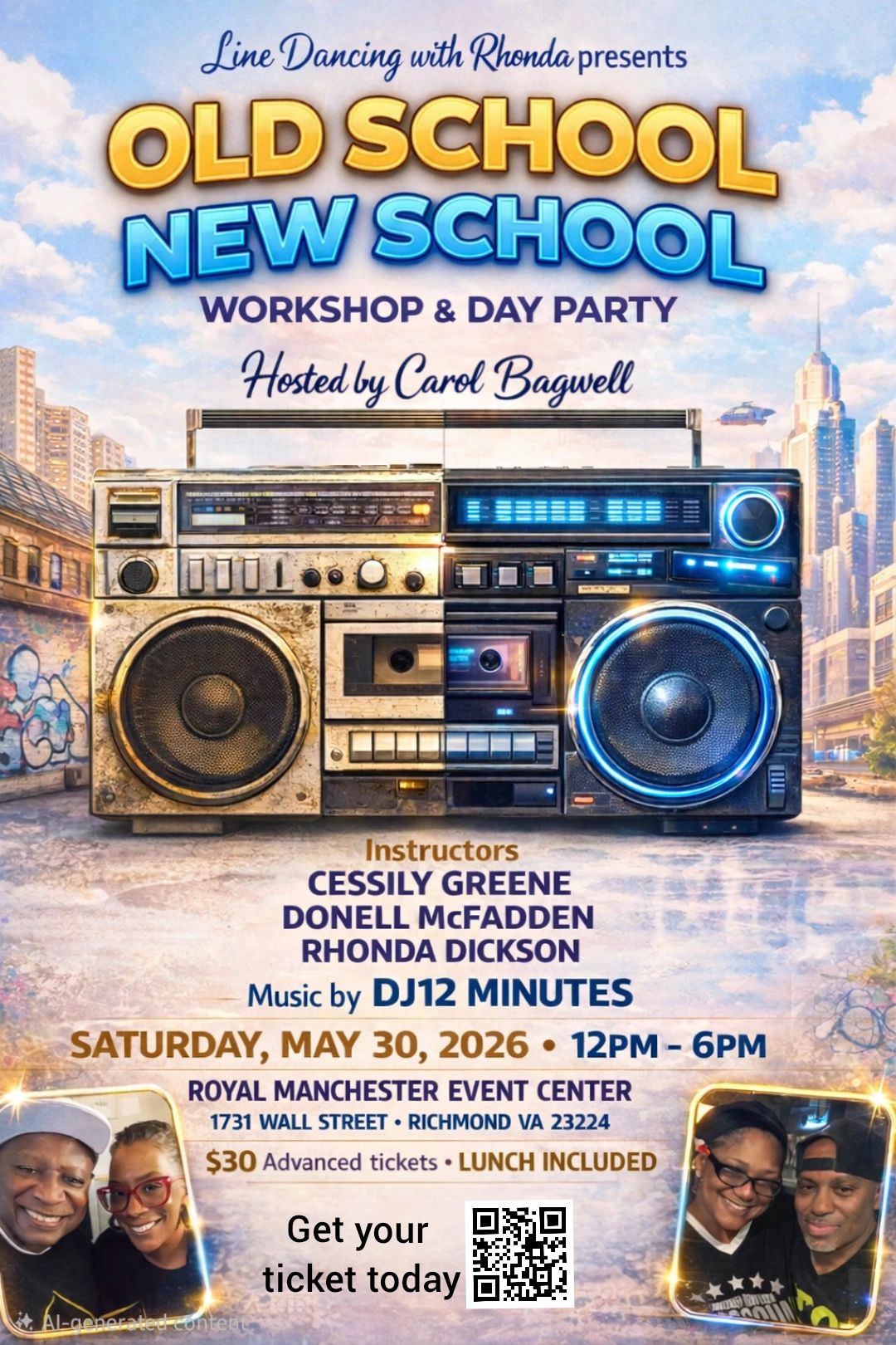 Flyer for Old School New School line dancing workshop and day party with music by DJ12 Minutes.