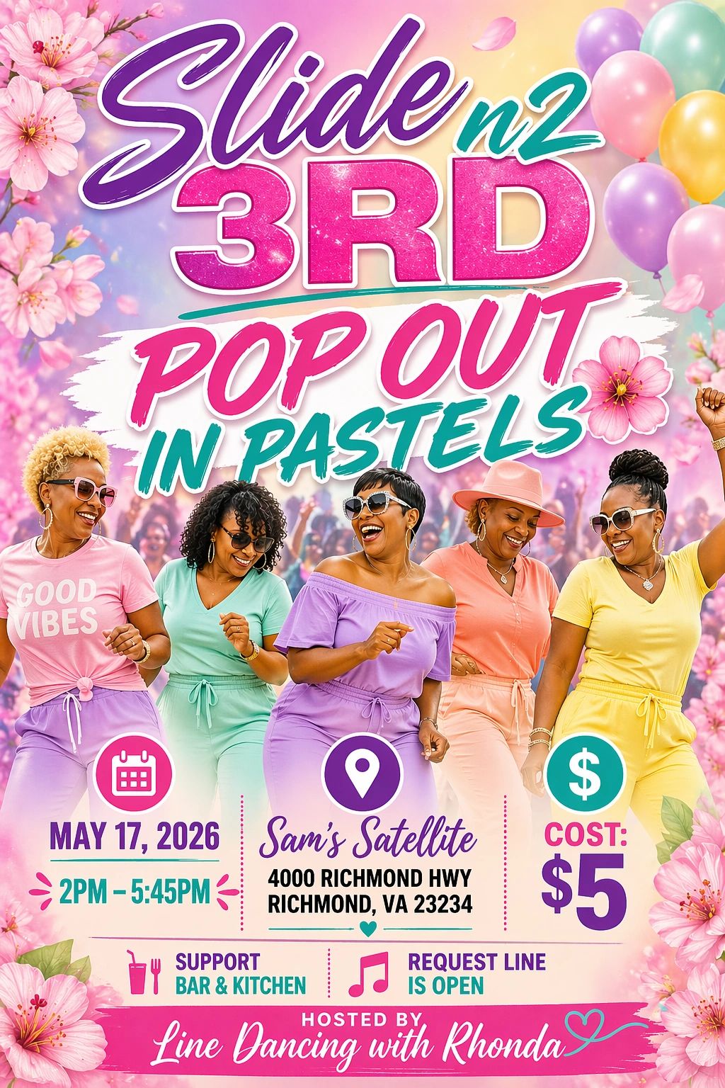 Colorful flyer for Slide n2 3rd Pop Out in Pastels on May 17, 2026, at Sam's Satellite.