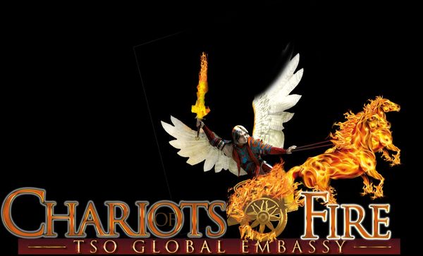 Winged warrior riding a fiery chariot pulled by flaming horses.