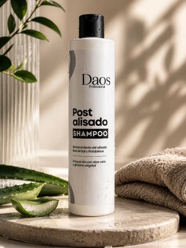 Botella de shampoo Daos Post alisado sobre una mesa con hojas de aloe vera.
