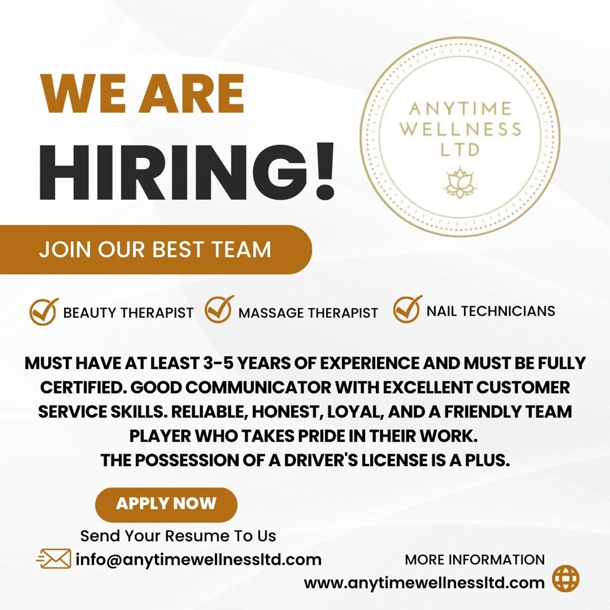 Anytime Wellness Ltd hiring beauty, massage therapists, and nail technicians with 3-5 years experience.