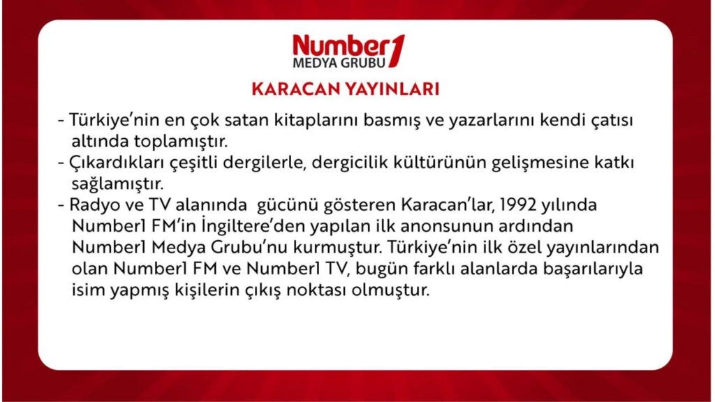 Karacan Yayınları ve Number1 Medya Grubu hakkında bilgi metni.
