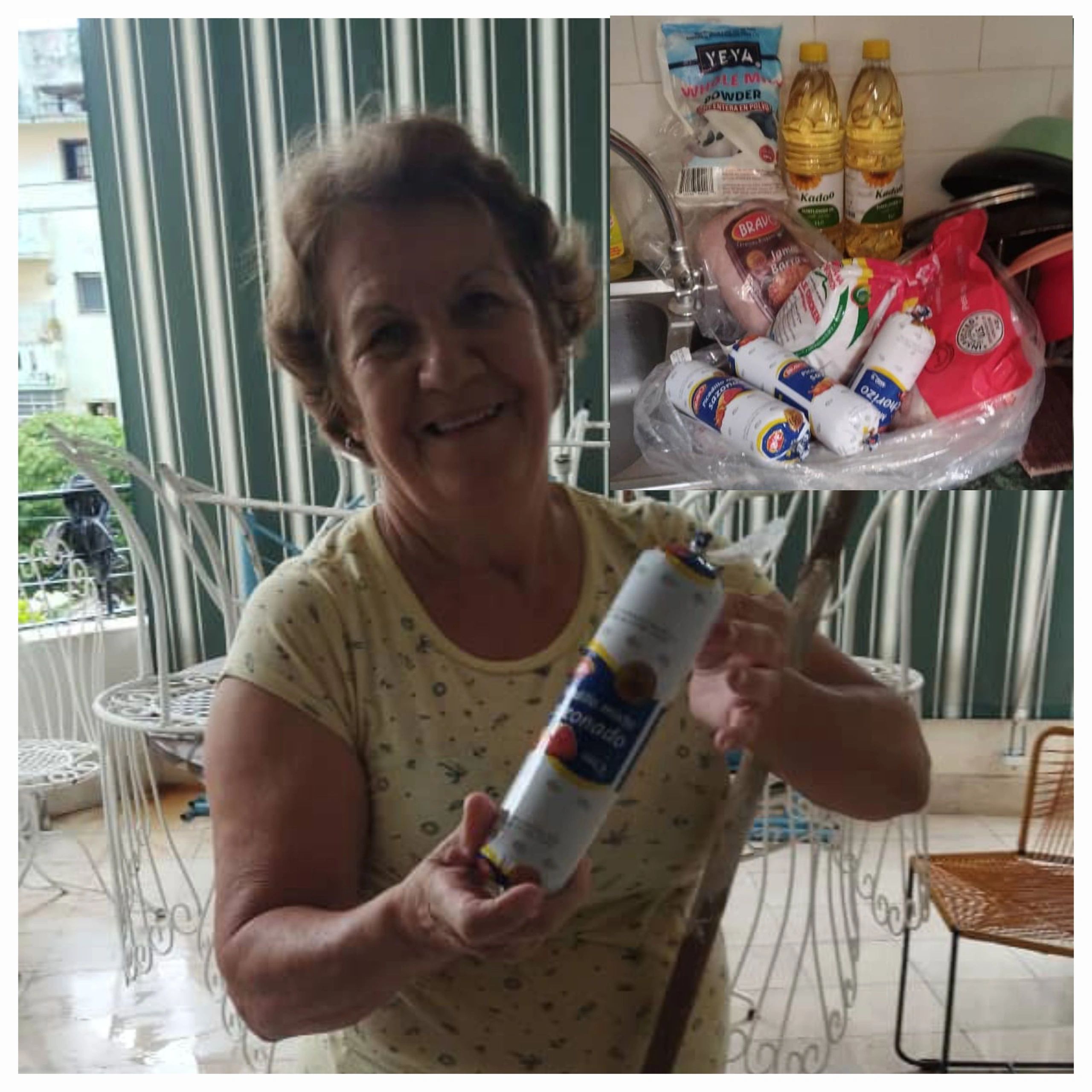 Smiling elderly woman holding food items in a bright kitchen.
