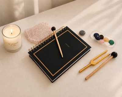A black notebook with a pen, candle, and colorful stones on a beige surface.