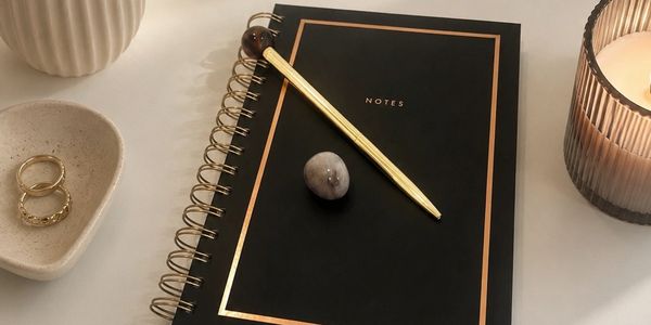 Black notebook with gold pen and candle.
