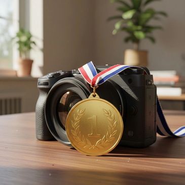 A camera with a gold first-place medal hanging on its lens.