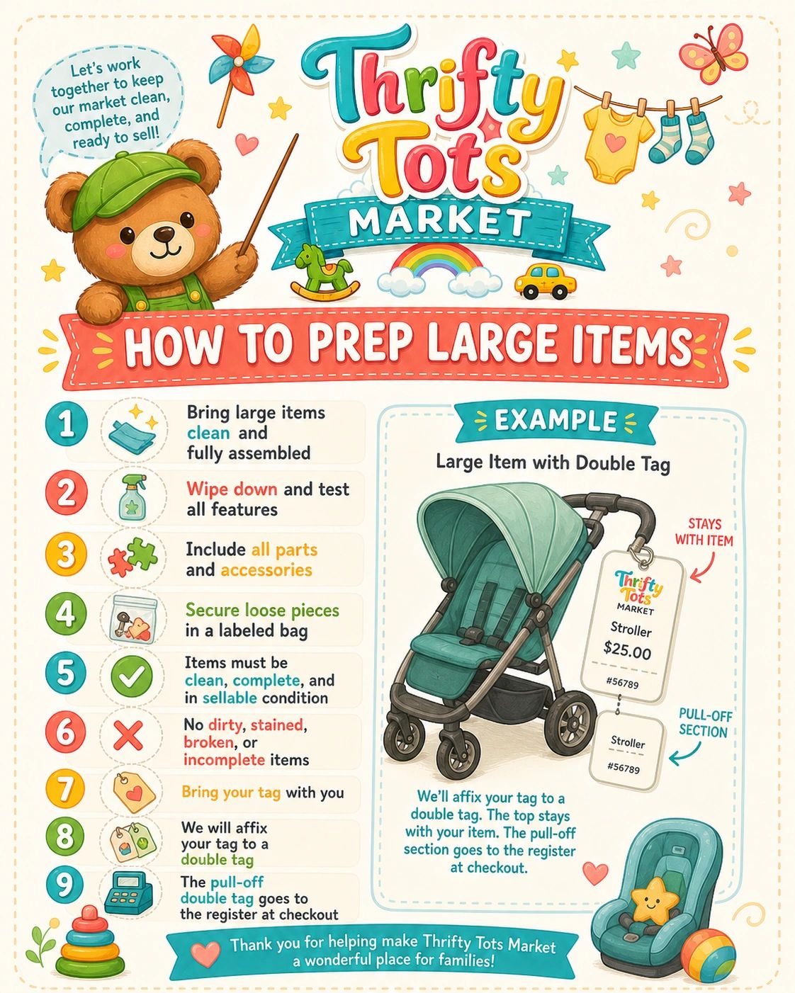 Thrifty Tots Market guide on prepping large items for sale with cleaning, tagging, and assembly instructions.