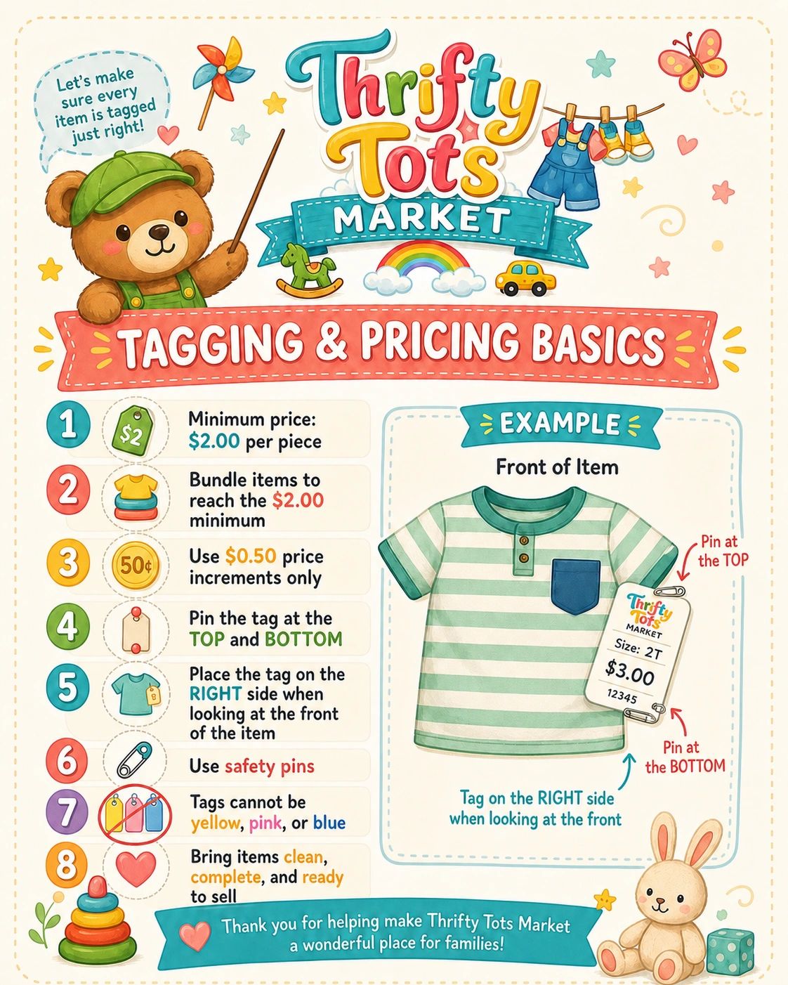 Thrifty Tots Market tagging and pricing basics guide with cute bear and bunny illustrations.