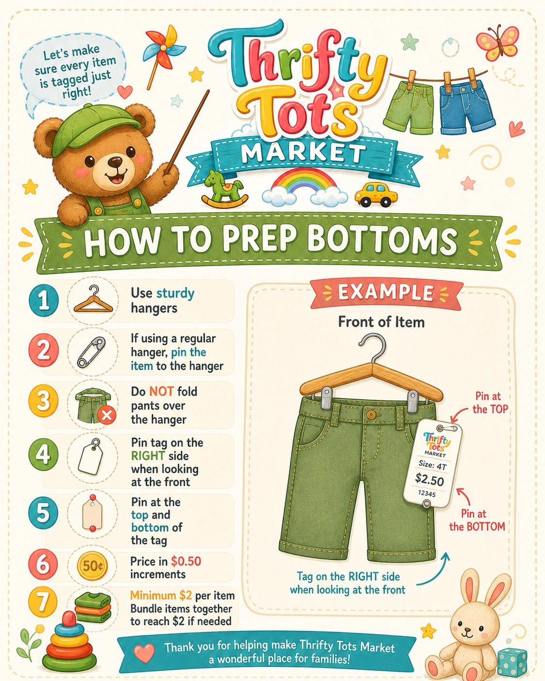 Cute guide on how to prepare and tag children's bottoms for Thrifty Tots Market sales.