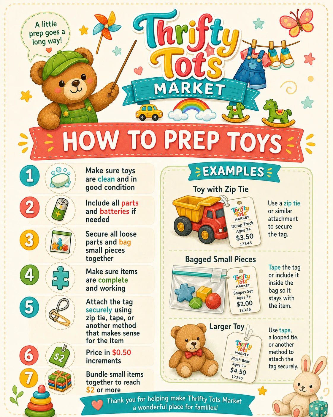 Colorful guide on prepping toys for Thrifty Tots Market with 7 easy steps and examples.