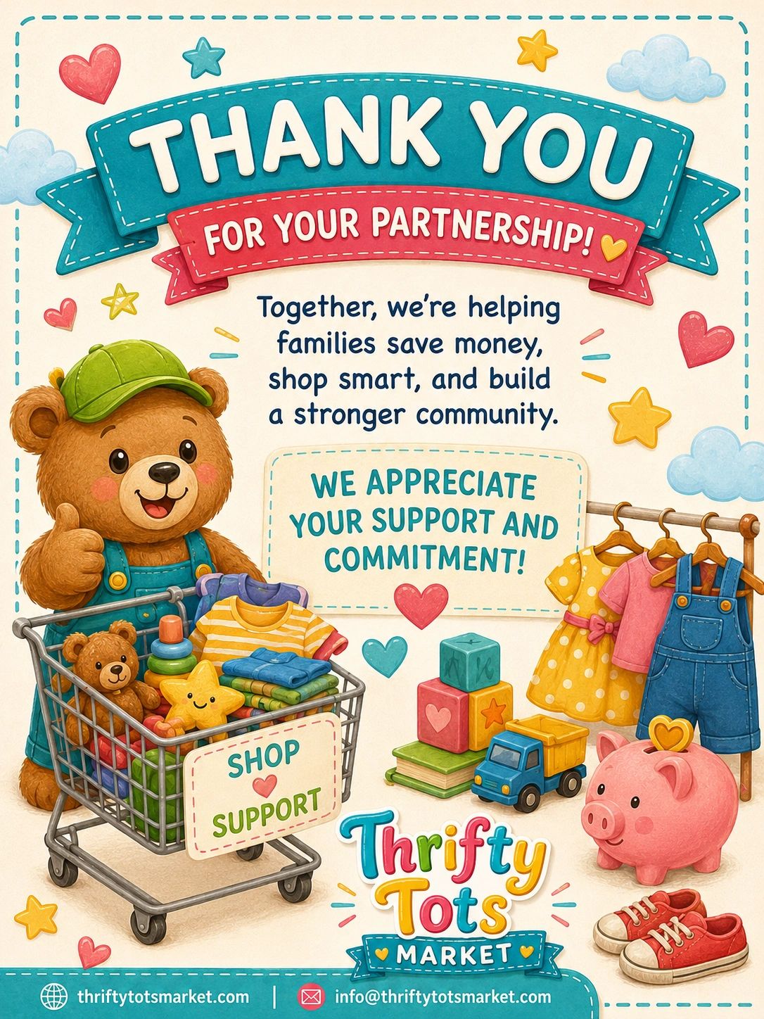 Cute bear thanks customers for supporting Thrifty Tots Market with a shopping cart full of kids' items.