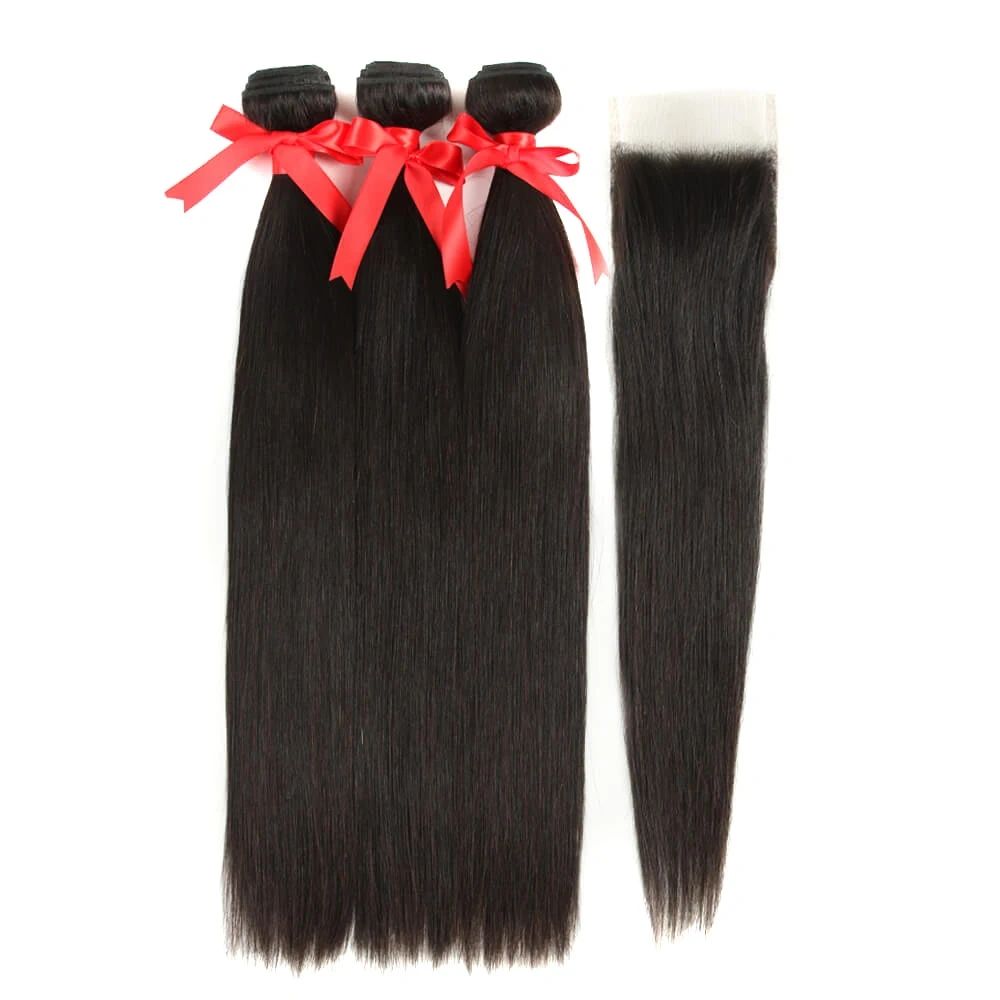 Remy Straight Hair 3 bundles 14'16'18 with 4x4 Lace Closure 14'