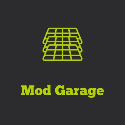 Green grid-like garage doors icon with 'Mod Garage' text on dark background.