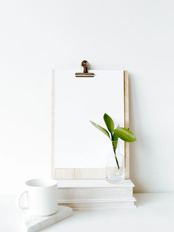 Minimalist setup with clipboard, plant, books, and white cup.