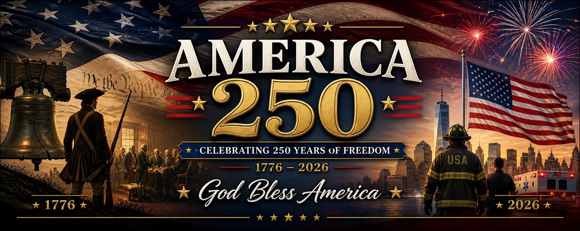 America celebrates 250 years of freedom from 1776 to 2026 with patriotic symbols and fireworks.