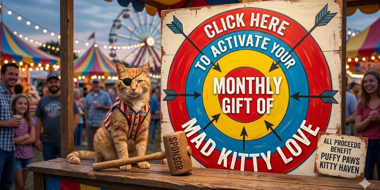 A cat with an eye patch at a carnival booth promoting Mad Kitty Love.