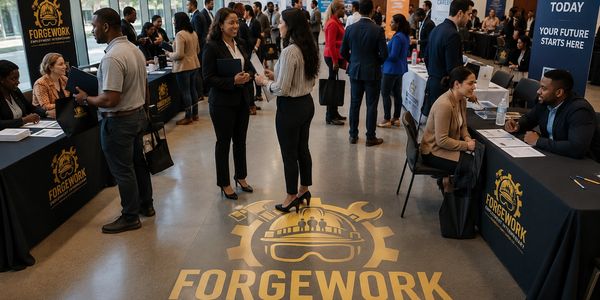 Job fair with diverse professionals networking and discussing opportunities.