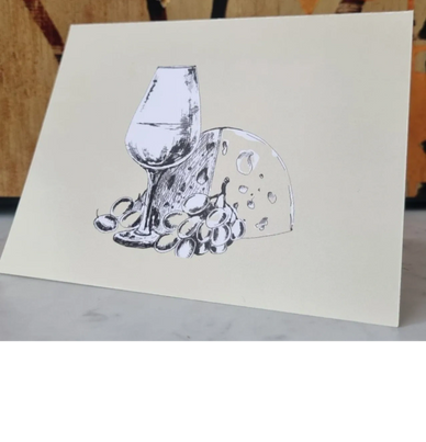 Illustration of wine glass, cheese, and grapes on a beige card.