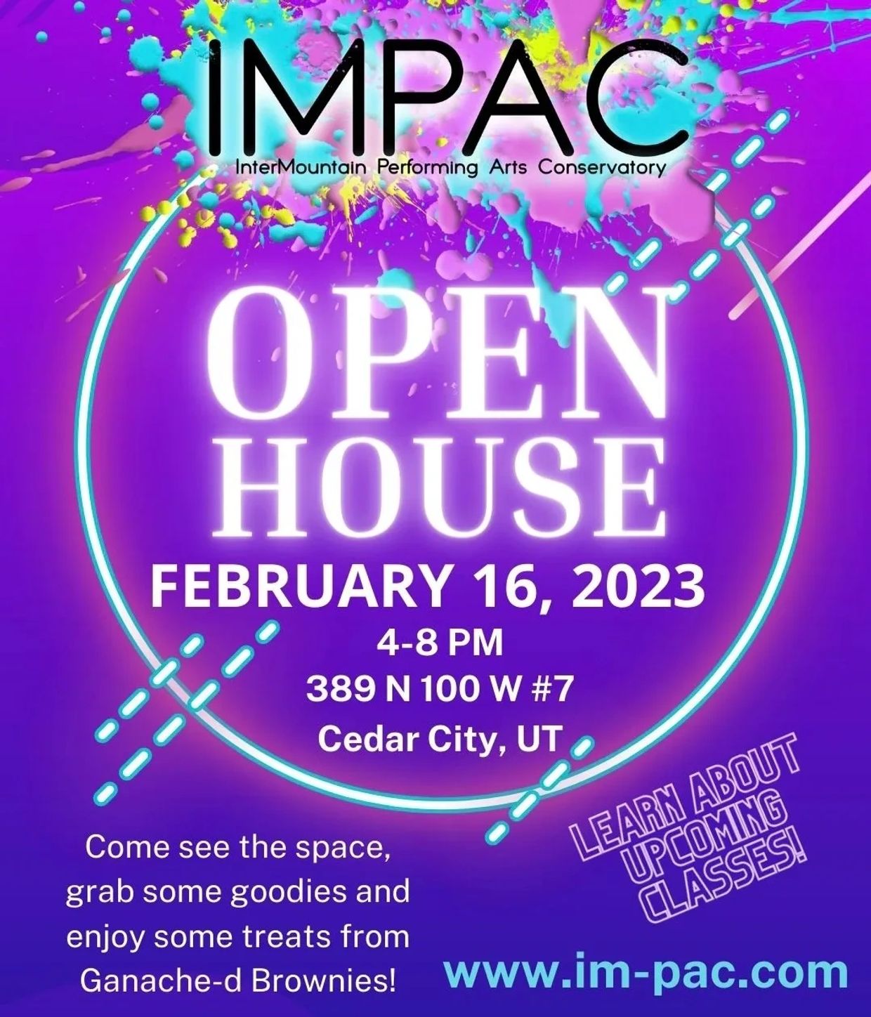 Colorful open house announcement for IMPAC in Cedar City, UT on February 16, 2023.
