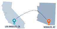 Map showing route from Los Angeles, CA to Nogales, AZ.