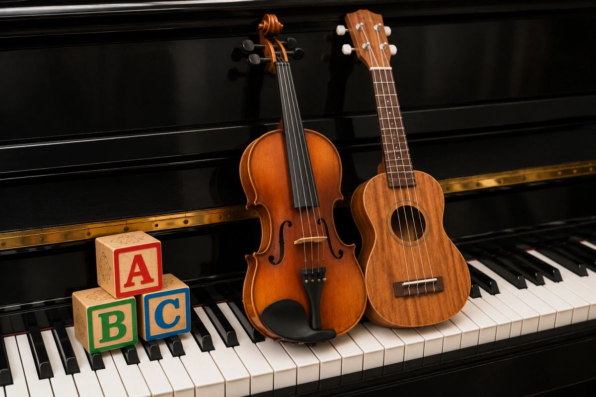 Violin, ukulele and ABC blocks resting on a piano