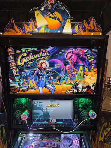 Galactic Tank Force pinball machine with vibrant space-themed artwork.