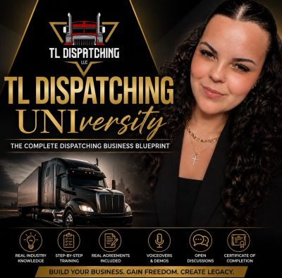 Promotional image for TL Dispatching University with a confident woman, a truck, and business training icons.