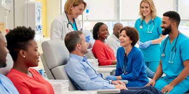 Healthcare professionals smiling and interacting with patients in a clinic.
