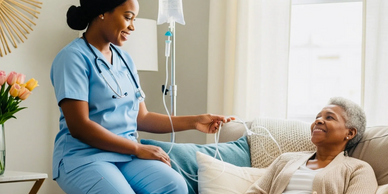 Nurse providing IV therapy to elderly patient at home with a caring smile.
