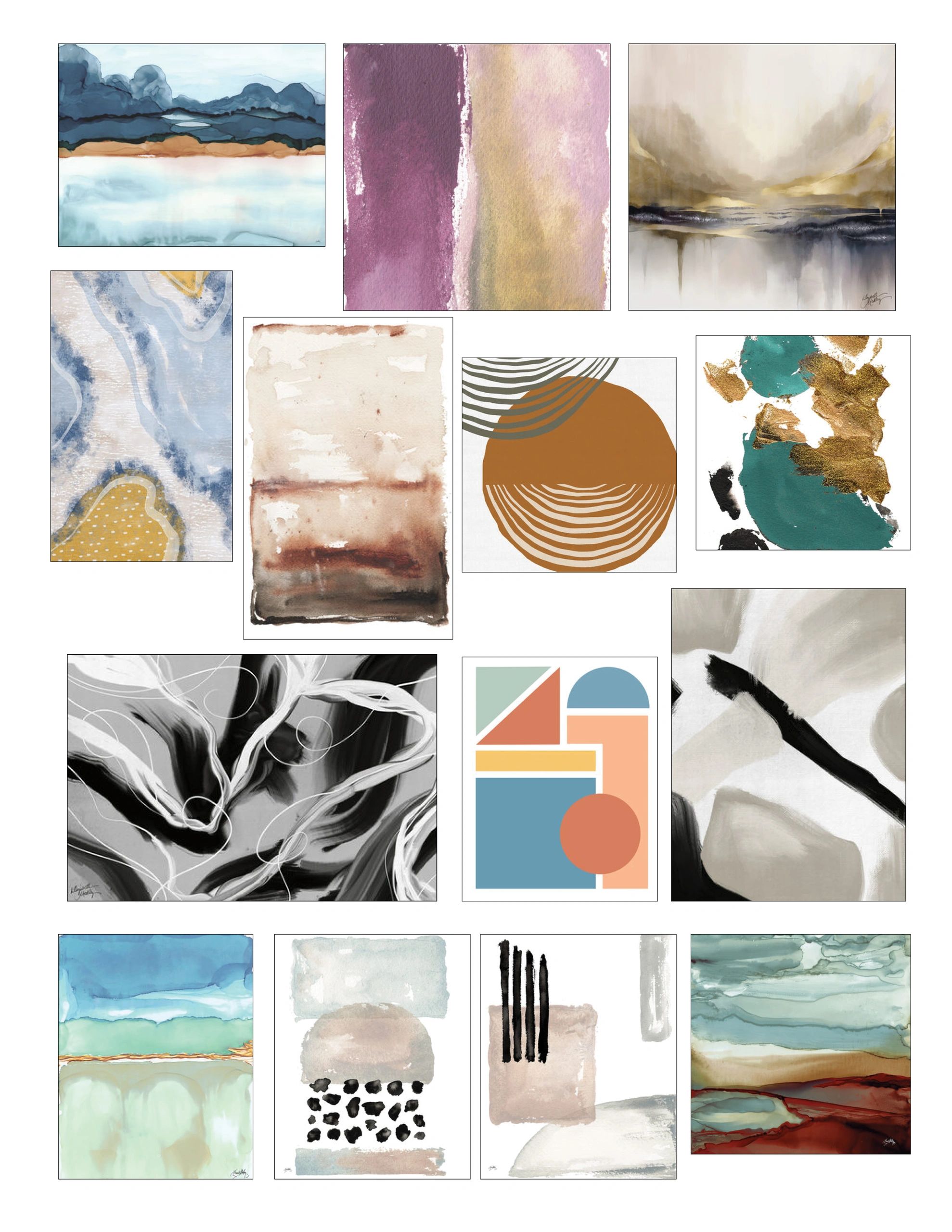 Collage of abstract watercolor paintings in various colors and styles.