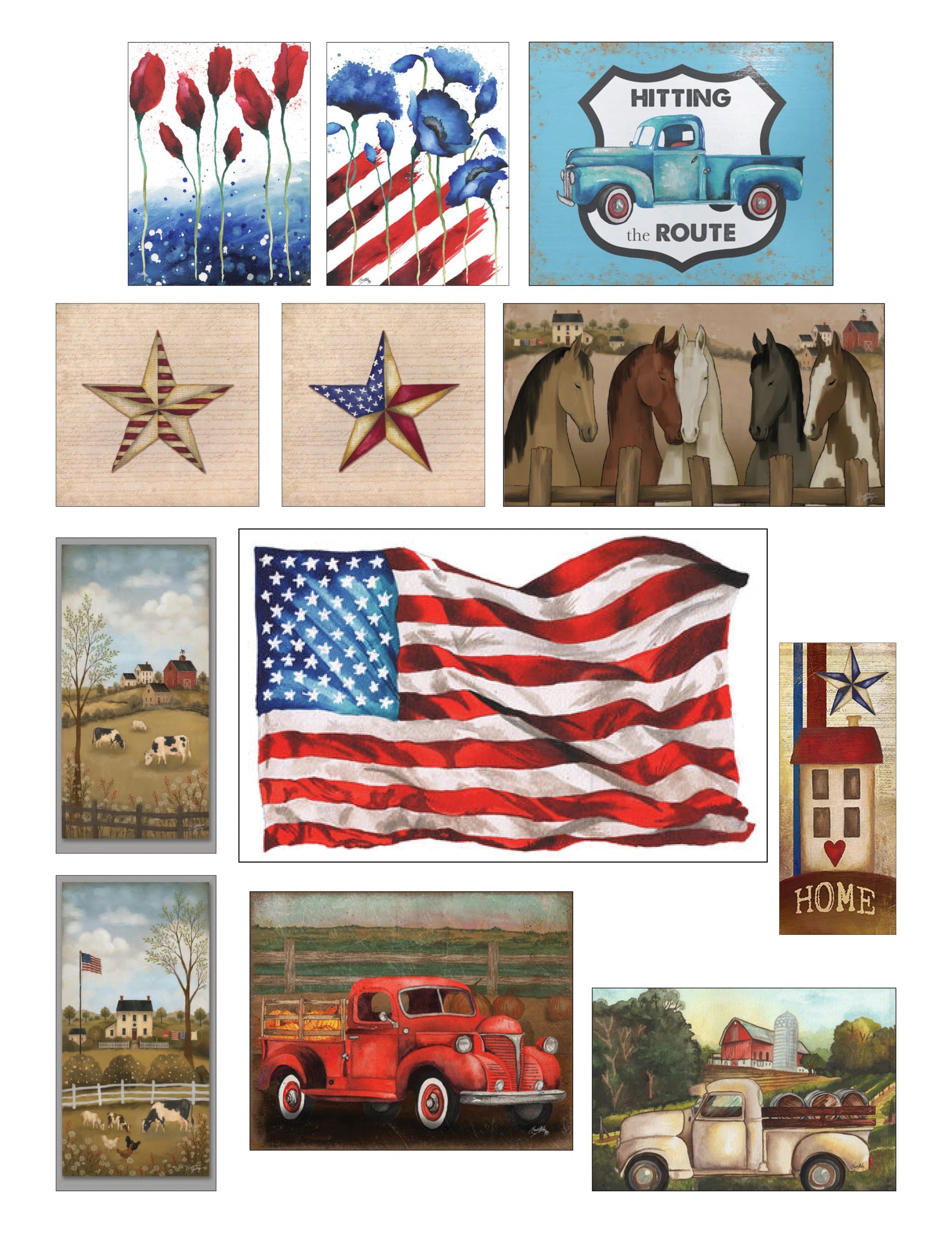 Collage of Americana-themed paintings with flags, trucks, horses, and countryside.