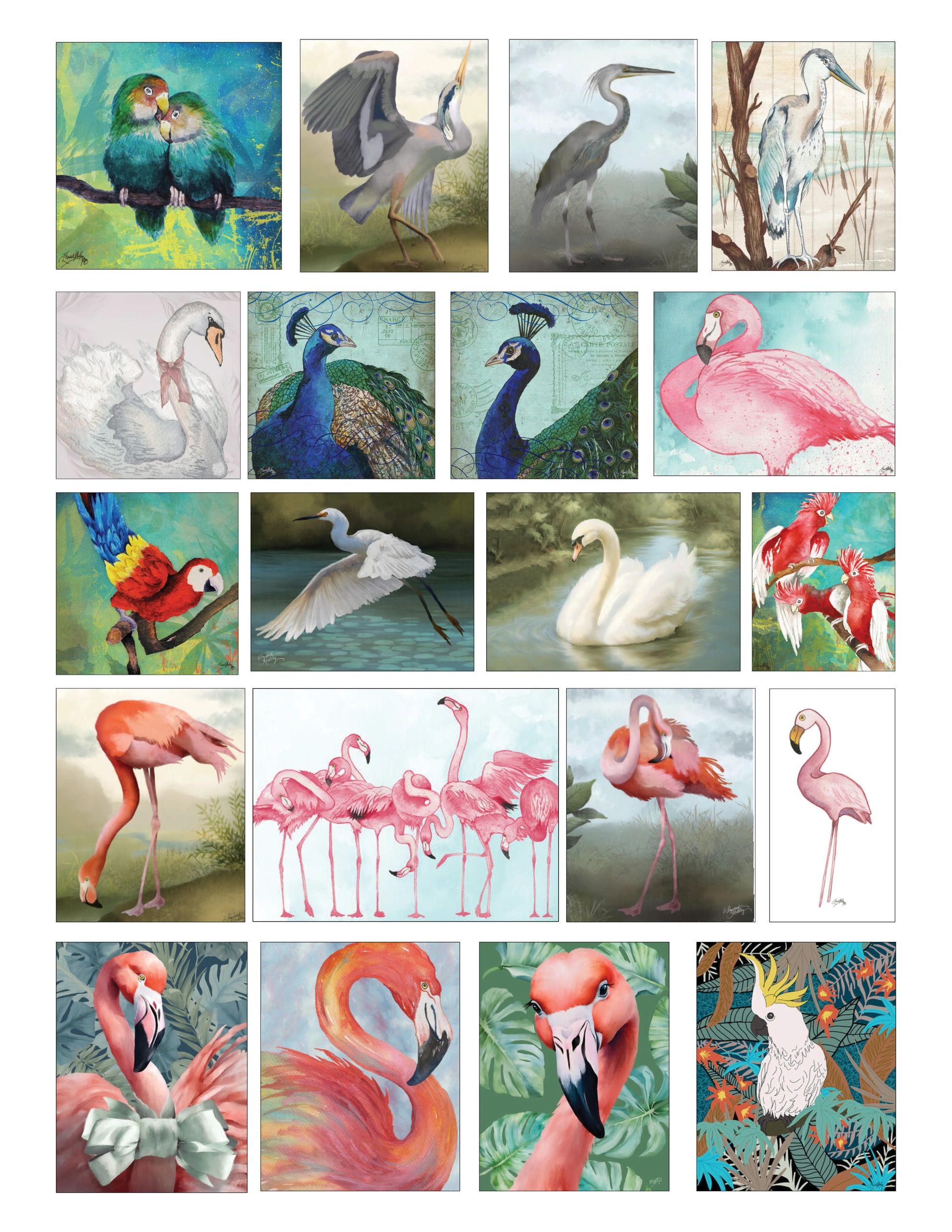 Various colorful bird paintings including flamingos, peacocks, and parrots.